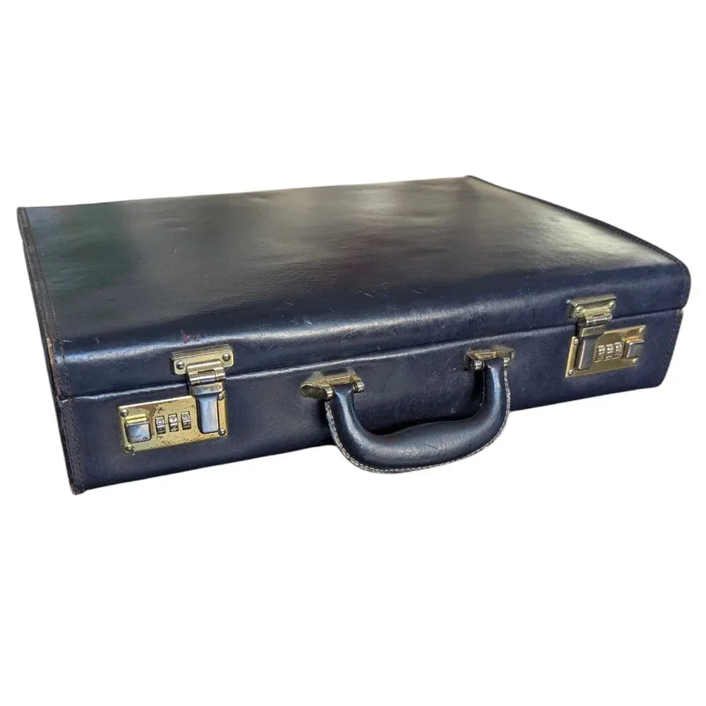 Vintage Black/Dark Navy Leather Briefcase with Combination Lock